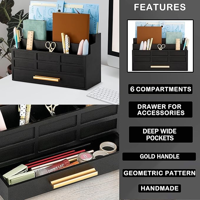 dreampossible Black Wood Desk Organizer and Accessories with Drawer, Bill Mail Organizer and File Mail Holder for Office Supplies, Rustic Desk Accessories & Workspace Organizers for Desk Organization