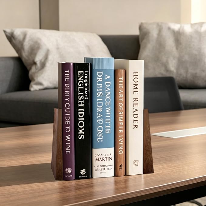 Luxdecor Walnut Book Ends Hold Heavy Books-6x5x4in Wood Bookends for Office Desk Non Skid, Decorative Walnut Bookend 2pack, Triangle Style