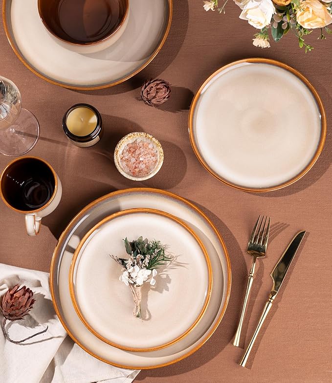 LERATIO Ceramic Dinnerware Sets for 4,16-PieceReactive Glaze Plates and Bowls Set with Mugs,Highly Chip and Crack Resistant | Dishwasher,Microwave & Oven Safe Dishes set-Kahki