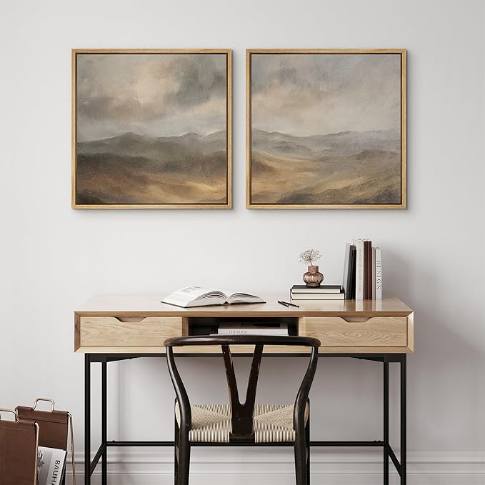 SIGNFORD Framed Canvas Print Wall Art Set Neutral Toned Mountain Landscape Abstract Earthy Illustrations Modern Art Minimal Relax/Calm for Living Room, Bedroom, Office - 24"x24"x2 Natural