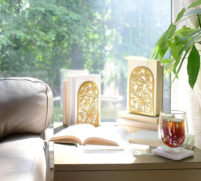 CNK Premium Bookends, Metal Book Stoppers for Heavy Books, Home Office & Decor (Lily Flower Gold)