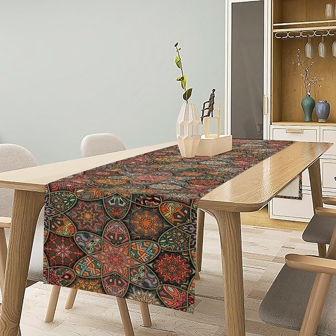 YCness Retro Mandala Table Runner Vintage Boho Table Decor Bohemian Polyester Runner for Tables Brown Farmhouse Spring Decor for Kitchen Dining Tan Tables Runner 13x36 Inch