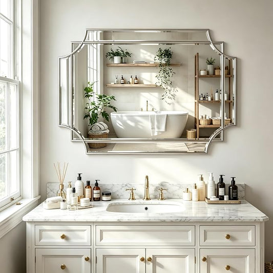 Geometric Beveled Mirror, 36" x 24" Silver Art Deco Mirror with Silver Wood Frame, Rectangle Accent Wall Mirror for Entryway, Bathroom, Living Room, Bedroom, Horizontal or Vertical Hanging