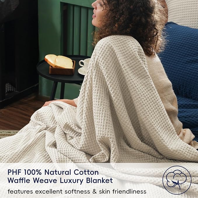 PHF 100% Cotton Waffle Weave Family Blanket Oversized King 120"*120",Pre-Washed Lightweight Breathable for Spring Summer,Machine Washable,10'x 10' Huge Extra Large Big,Home Decoration Gift-Linen/Stone