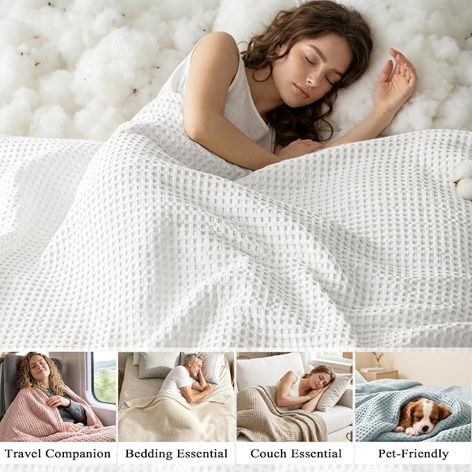 Exclusivo Mezcla Pre-Washed 100% Cotton Waffle Throw Blanket for Couch, 330GSM Lightweight Breathable Summer Blankets, Soft and Cozy, Room Decor, Pure White, 50x60 Inches