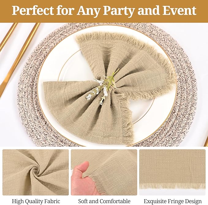 36 Pack Handmade Cloth Napkins with Fringe,16 x 16 Inch Cotton Linen Napkins, Washable and Reusable Napkin, Soft Rustic Boho Fringe Cloth Napkin for Dinners, Party, Wedding (Caramel)