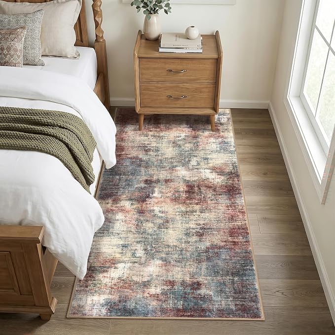 IOHOUZE Abstract Runner Rug 3x7 Ft Washable Runners for Hallways, Non Slip Kitchen Runner Printed Faux Wool Entryway Runner Indoor, Modern Abstract Floor Carpet for Hall Kitchen Bedroom, Red/Multi