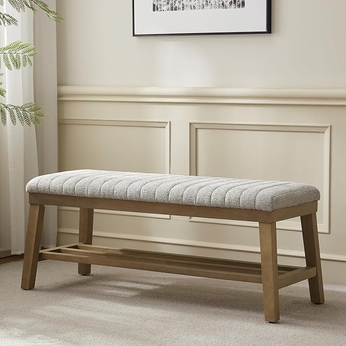 VKNOW Entryway Bench, 44.4" Upholstered Storage Shoe Bench for Entryway & Bedroom, Shoe Rack Bench with Rubberwood Legs, Modern End of Bed Bench for Living Room and Hallway, Beige