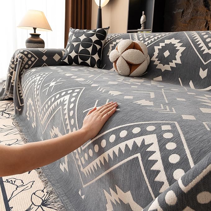 VClife Bohemian Aztec Couch Cover Sectional Sofa Slipcover Washable Chenille Couch Cover for 3 Cushion Couch Sofa - Gray White Tribal Geometric Pattern Furniture Protector with Tassel Edge 71" X 134"