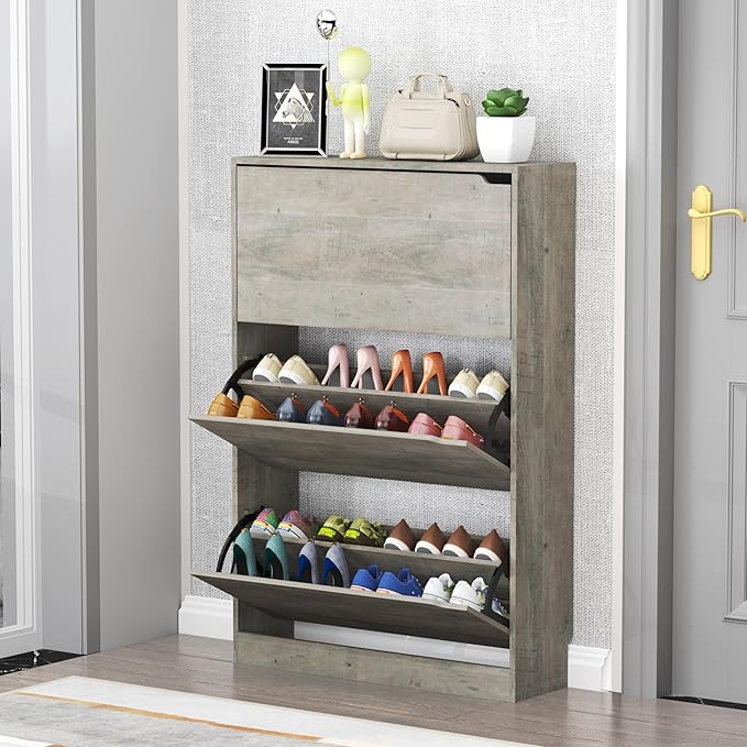 Wodeer Shoe Storage Cabinet with 3 Flip Drawers, Slim Hidden Wood Shoe Cabinet Storage for Entryway, Freestanding Narrow Shoe Rack Organizer with Adjustable Shelves for Foyer, Hallway, Grey