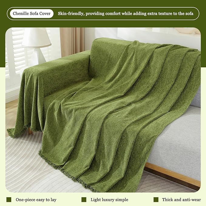 DREAMINGO Sofa Covers Washable Chenille Couch Cover Blanket Modern Style Living Room Sectional Couch Covers Herringbone Jacquard Sofa Cover for 3 Cushion Couch, Green, XX-Large 71"x150"