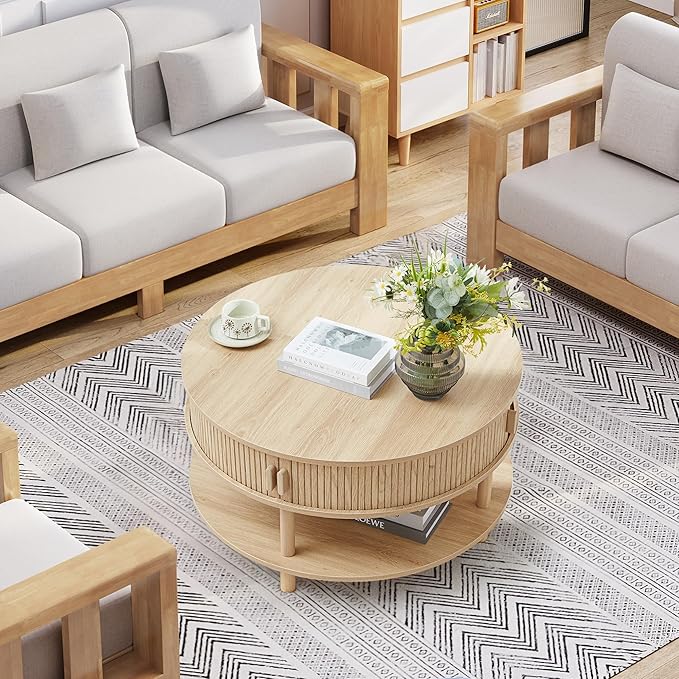 XUZENEST 31.5” Round Coffee Table with Storage, Mid Century Modern 2 Tier Coffee Table with Tambour Sliding Door, Solid Wood Legs Fluted Center Table for Living Room Home Office Small Space, Natural