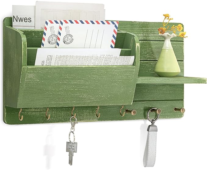 Rebee Vision Pine Wood Key Holder Wall Mount for Apartment Essentials - Farmhouse Key Holder for Wall with Mail Slot & Shelf for Mail & Accessories - Rustic Charm for Home Decor Aesthetic (Green)