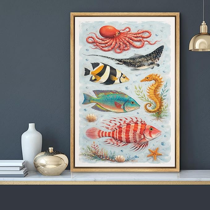 MUDECOR Framed Canvas Print Wall Art Colorful Ocean Life Marine Species Illustrations Minimalism Decorative Bohemian Zen for Living Room, Bedroom, Office - 16"x24" NATURAL