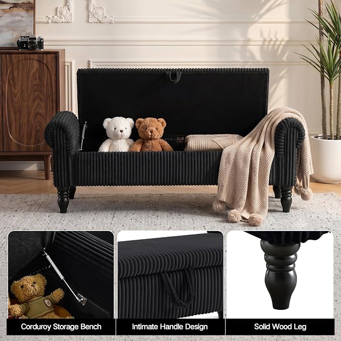 51.5" Black Corduroy Storage Bench, End of Bed Bench with Storage, Upholstered Bedroom Bench with Rolled Arm, Ottoman Bench for End of Bedroom, Living Room, Entryway
