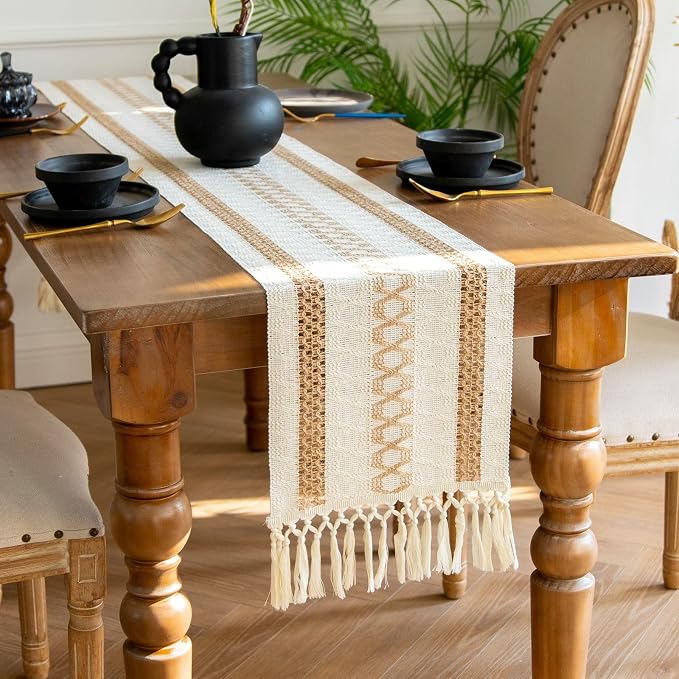 EMMTEEY Bohemian Table Runner Cotton Linen - Macrame Craft for Dining Table/Dressing Table, Fringe Trim, Heat Resistant, Wrinkle Free (12"X72", Brown)