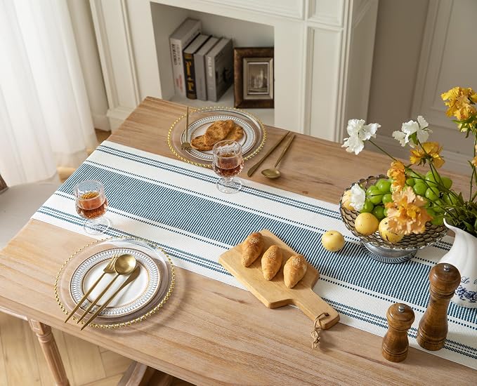 Caflife Boho Table Runner Blue and White for Modern Farmhouse Decor, Natural Cotton Woven Runner with Tassels for Home Dining Table décor 13 x 60 Inch Long