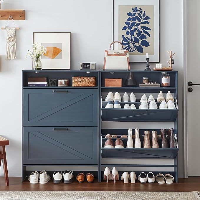 RWYHG Shoe Cabinet Storage for Entryway with 2 Flip Drawers Open Storage Layer Rack Narrow Organizer Slim Hidden Wood Shoe Cabinet Furniture Blue