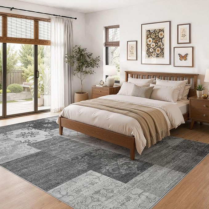 UERMEI 5x7 Area Rug for Living Room - Washable Vintage Carpet, Non-Slip Soft Large Indoor Floor Rugs for Bedroom Home Office & Under Dining Table Decor, Gray Block