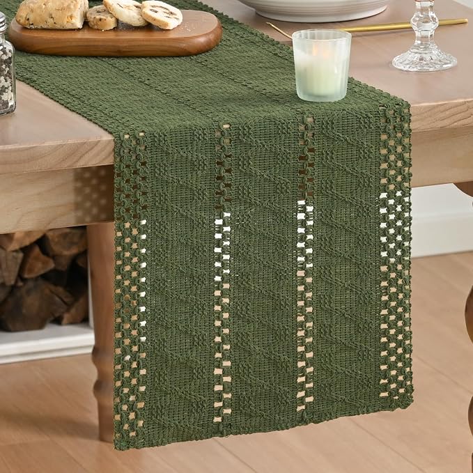 Artoid Mode Army Green Farmhouse Woven Rustic Hollow Table Runner, Seasonal Holiday Hollow Kitchen Dining Table Decoration for Home Party Decor 12x48 Inch