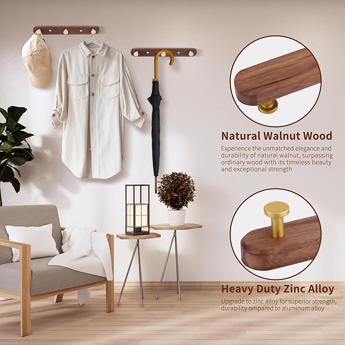 Wall Mounted Coat Rack, Entryway Hanging Coat Rack, Metal Wood Coat Rail with 3 Rustic Hooks Rail for Coat, Scarf, Bag, Towel, Key, Cap, Hat,Walnut Gold Matt