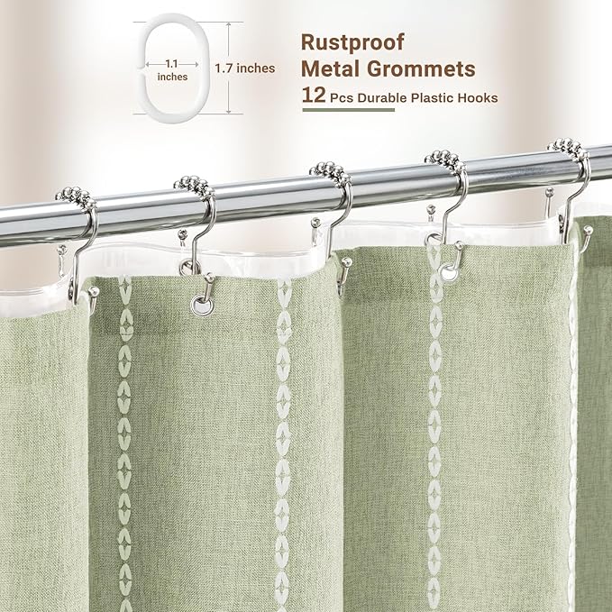 BTTN 3 in 1 Shower Curtain with Liner, 84 Inch Extra Long Boho Linen Striped Cloth Shower Curtain Set with Hook, Large Rustic Farmhouse Bohemian Waterproof Curtain for Bathroom, Sage Green, 72x84