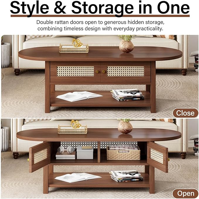 LVB Rattan Coffee Table, Boho Wood Living Room Table with Storage, Oval Modern 2-Tier Cocktail Tea Table with Doors & Open Shelf, Farmhouse Vintage Center Tables for Bedroom Office, Walnut, 47Inch