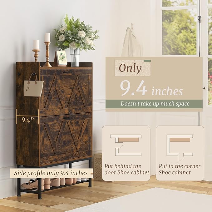 Cozyman Narrow Shoe Storage Cabinet with 2 Flip Drawers & Adjustable Shelf for Entryway, Freestanding Hidden Slim Shoe Organizer Rack, Rustic Brown
