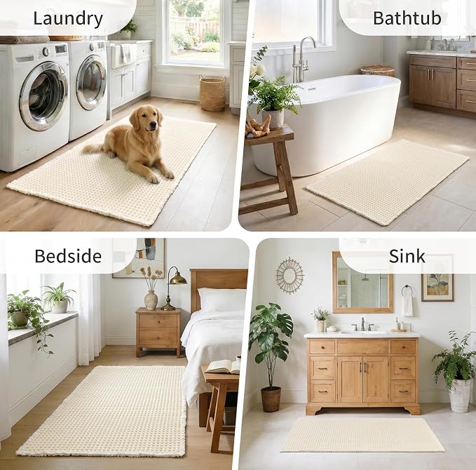 ILANGO Upgraded Waffle Bathroom Runner Rugs,Super Absorbent Boho Non Slip Bathroom Mats Quick Dry,Ultra Soft Machine Washable Mat with Tassels for Hallway,24x72,Cream White