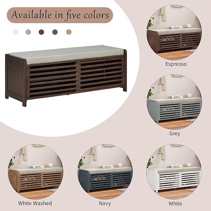 Ball & Cast Entryway Storage Bench with Shutter Doors, 43.3" Wooden Shoes Organizer, Modern Movable Upholstered Seat Entryway Shoe Rack Cabinet for Hallway Living Room, Espresso