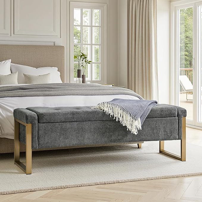 Modern Storage Ottoman Bench with Gold Metal Legs Upholstered Footrest End-of-Bed Bench with Hidden Storage, Hallway and Entryway Charcoal