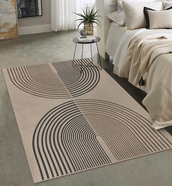 Rugalia Easy Jute 5x7 Outdoor Patio Rug, Washable Modern Boho Rugs for Living Room, Non-Slip Farmhouse Rainbow Outdoor Mat Neutral Abstract Floor Carpet for Patio Dining Room Backyard