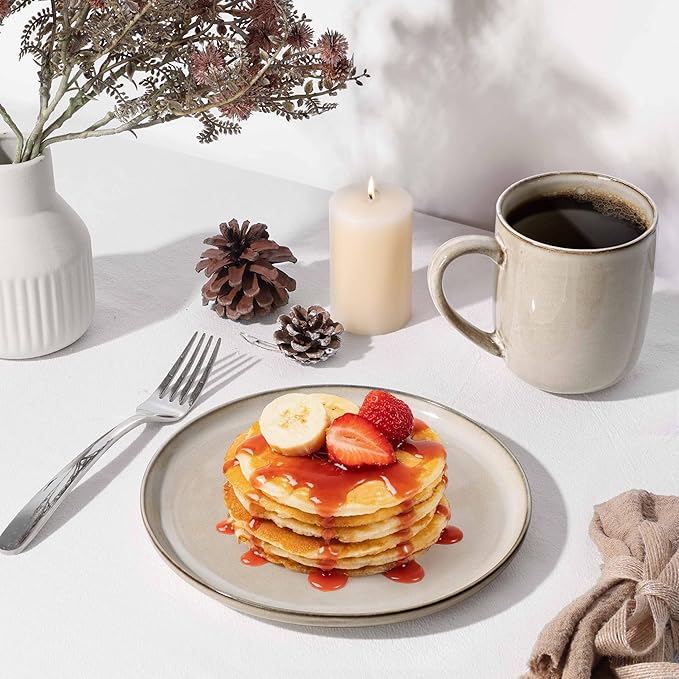 Herogo Stoneware Plates and Bowls Sets for 4, 12 Pieces Modern Round Dinnerware, Reactive Glaze Dishes Set for Kitchen, Chip Resistant, Microwave & Dishwasher Safe, Cream Khaki