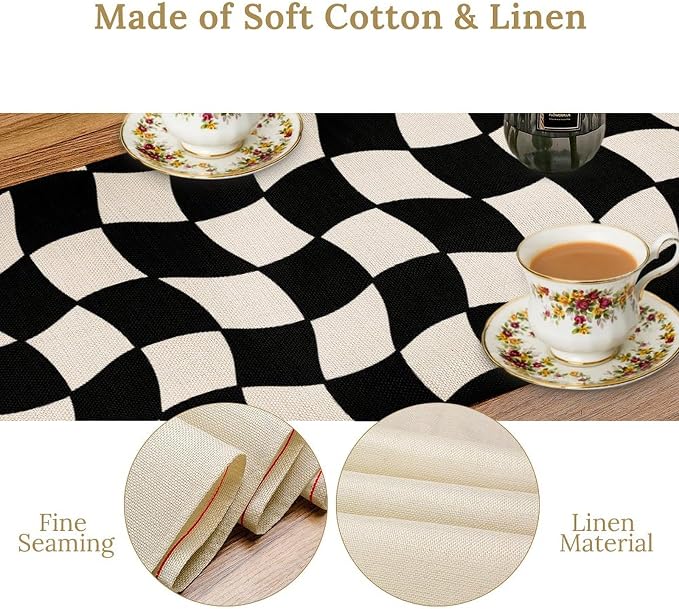 Black White Plaid Table Runner Hippie Abstract Plaid Racing Car Birthday Party Decoration Kitchen Dining Room Decor 13x108in