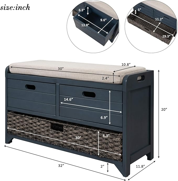 SOFTSEA Upholstered Storage Bench for Entryway, Wood Storage Ottoman with Removable Basket and 2 Drawers, Farmhouse Shoe Bench with Seat Cushion for Entryway, Living Room, Full Assembled, Navy
