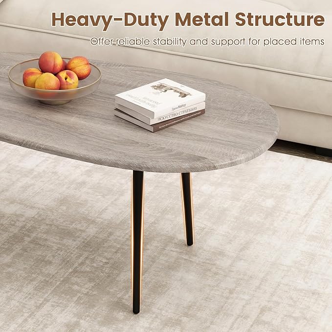Giantex Oval Coffee Table, Mid Century Modern Center Table with Sturdy Metal Frame and Compact Design, Vintage Accent Cocktail Tea Table, Wood Living Room Tables for Small Spaces (Grey Oak)