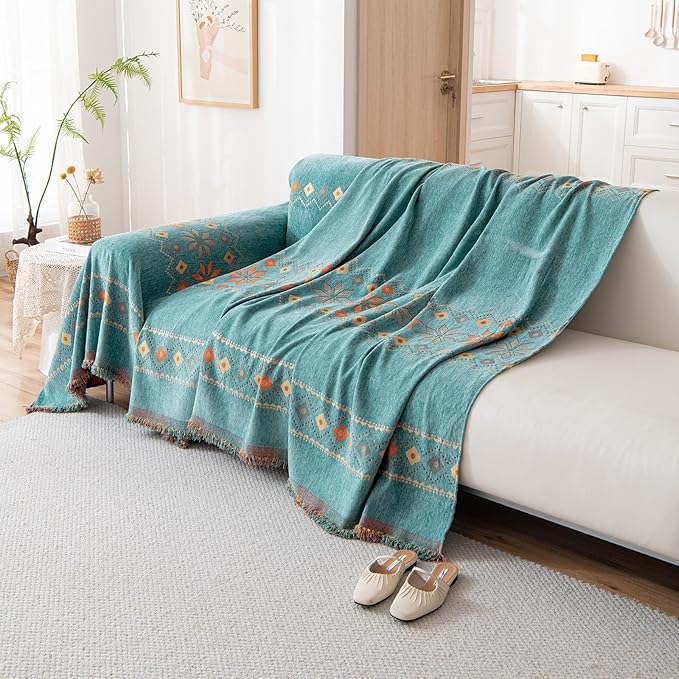 DREAMINGO Teal Boho Couch Cover Western Sofa Covers for 2 Cushion Couch Washable Bohemian Loveseat Covers Geometric Jacquard Couch Cover Blanket with Tassel, Large 71"x118"
