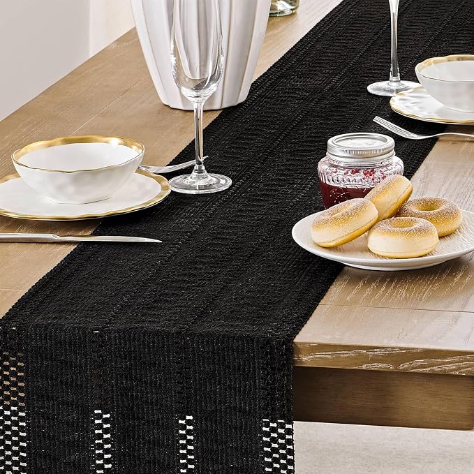 ZeeMart Macrame Style Boho Table Runner, Black Table Runners 60 Inches Long, Farmhouse Woven Home Decor, 12x60 Inch, Black
