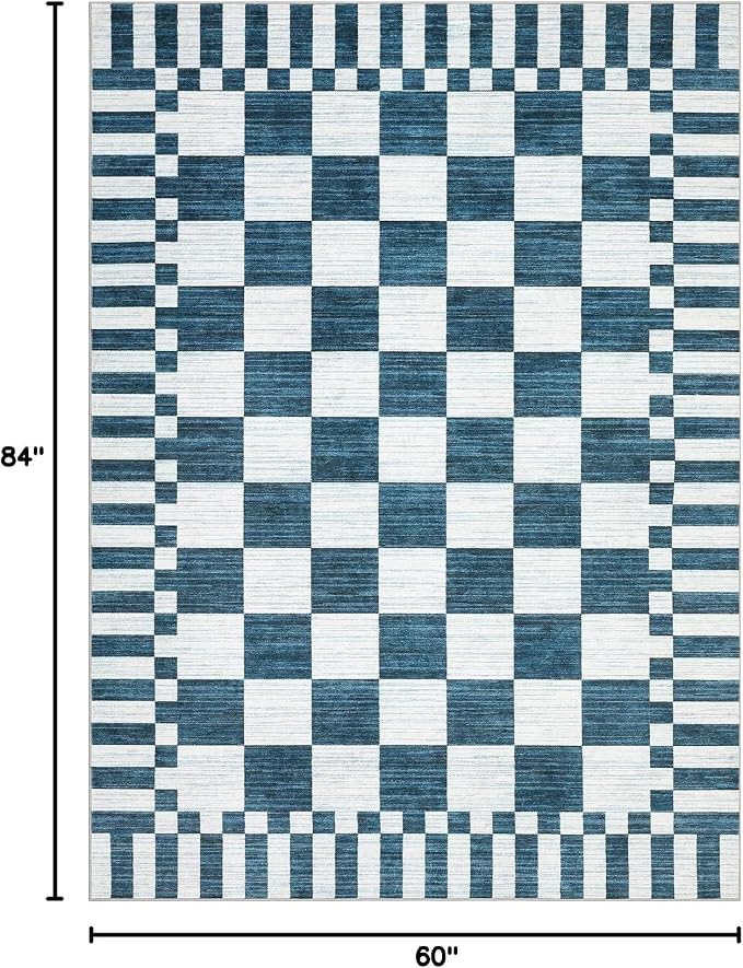 GarveeHome Blue and White Checkered Rug 5×7 Area Rugs for Living Room,Non-Slip Washable Rug Soft Low-Pile, Modern Farmhouse Geometric Rugs for Bedroom Dining Room
