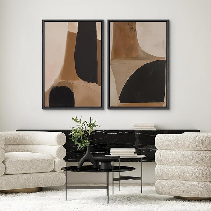SIGNWIN Framed Canvas Print Wall Art Set Warm Neutral Abstract Shapes Illustrations Modern Art Rustic Colorful Ultra for Living Room, Bedroom, Office - 16"x24"x2 Black