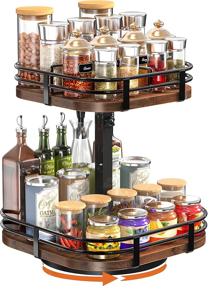 12" Large Lazy Susan Turntable Organizer Adjustable - Rotating Spice Rack for Table Top, 2 Tier Wood Spice Cabinet Organizer for Pantry Kitchen Countertop Coffee Bar Cupboard Bathroom Vanity Storage