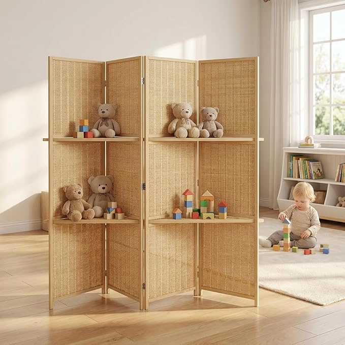 Bluecat 4 Panel Bamboo Room Divider with Shelves, Lightweight Privacy Screen for Bedroom Home Office, No Assembly Required, Brown Bamboo