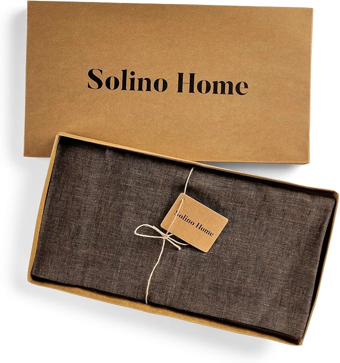 Solino Home Linen Tablecloth 60 x 90 Inch - 100% Pure Linen Chambray Brown Table Cloth for Rectangular Tables - Athena, Machine Washable Cloth Tablecloth