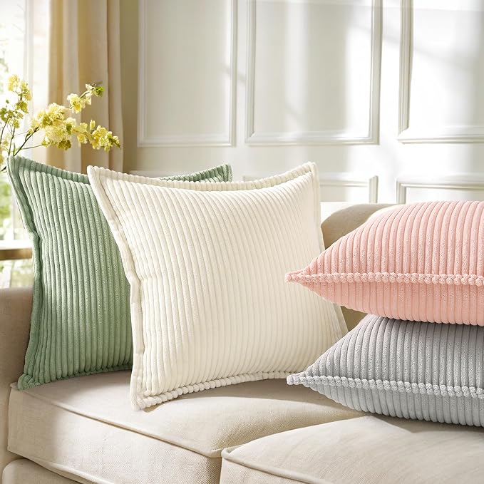 decorUhome Summer Corduroy Sage Green Euro Sham Throw Pillow Covers 26x26 Set of 2 Decorative Soft Boho Farmhouse Couch Pillow Covers for Living Room Bed Sofa Broadside Striped Pillow Cases