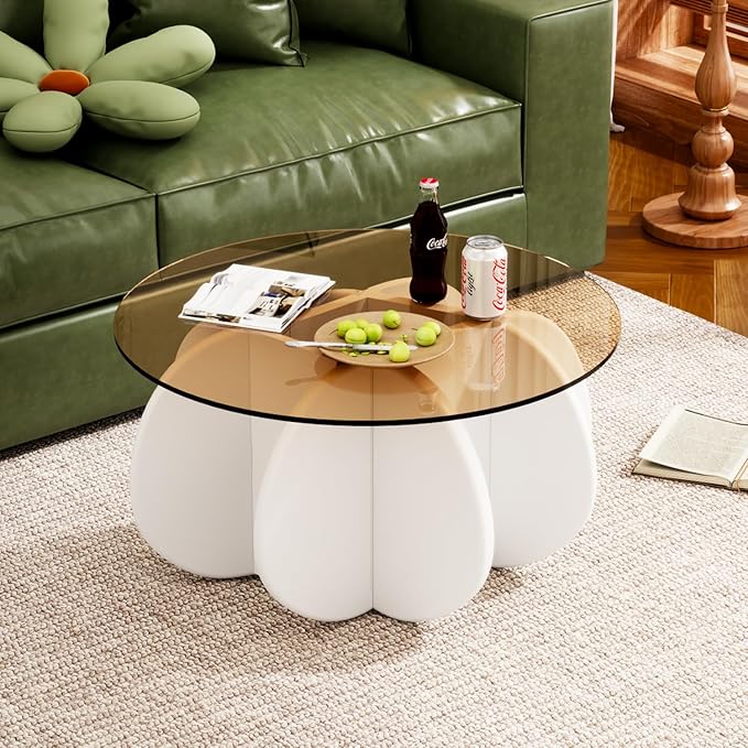 Glass Coffee Table, Mid Century Modern Design, 31.5'' Modern Round Tempered Glass Coffee Tables for Living Room, Cocktail Table for Small Space Home Office. (White + Brown)