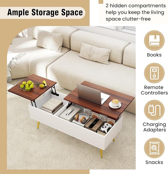 Tangkula Lift Top Coffee Table, Mid Century Modern Center Table with Split Top & 2 Hidden Compartments, Rectangle Accent Table with Tapered Metal Legs for Living Room (Walnut+White+Gold)