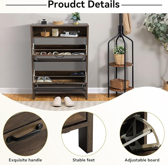 LOUVIXA Shoe Cabinet with 2 Flip Drawers, Narrow Shoe Storage Cabinet, Freestanding Shoe Cabinet Organizer, Hidden Shoe Rack Cabinet for Entryway, Hallway (2-Drawers, Brown/2-drawers)