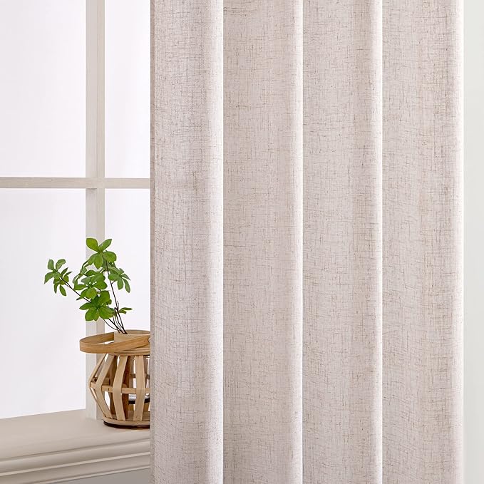 MIULEE Natural White Short Linen Curtains 45 Inch Length 2 Panels for Kitchen Bedroom Bathroom, Soft Thick Linen Textured Basement Window Drapes Semi Sheer Light Filtering Back Tab Rod Pocket