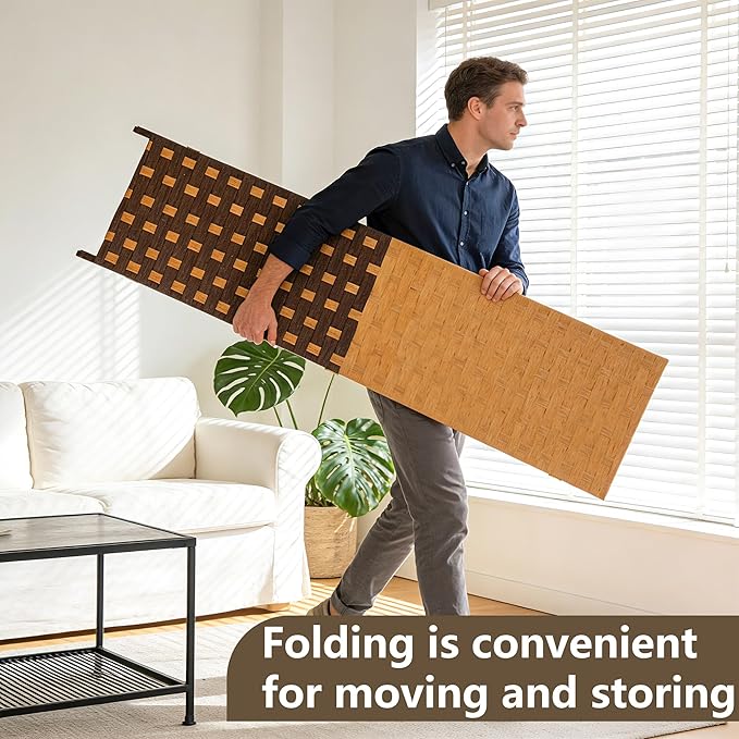 FDW Room Divider Wood Screen 4 Panel Folding Portable Partition Screens Wooden Mesh Woven Design Room Screen Divider for Home Office (Chocolate Brown)