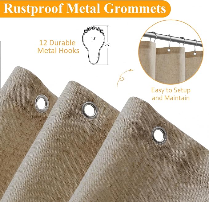 Naturoom Extra Long Linen Shower Curtain 90 Inch Long Shower Curtains Set with Hooks for Bathroom Boho Farmhouse Fabric Neutral Cloth Modern Cottage Core Waterproof,Eggshell Beige